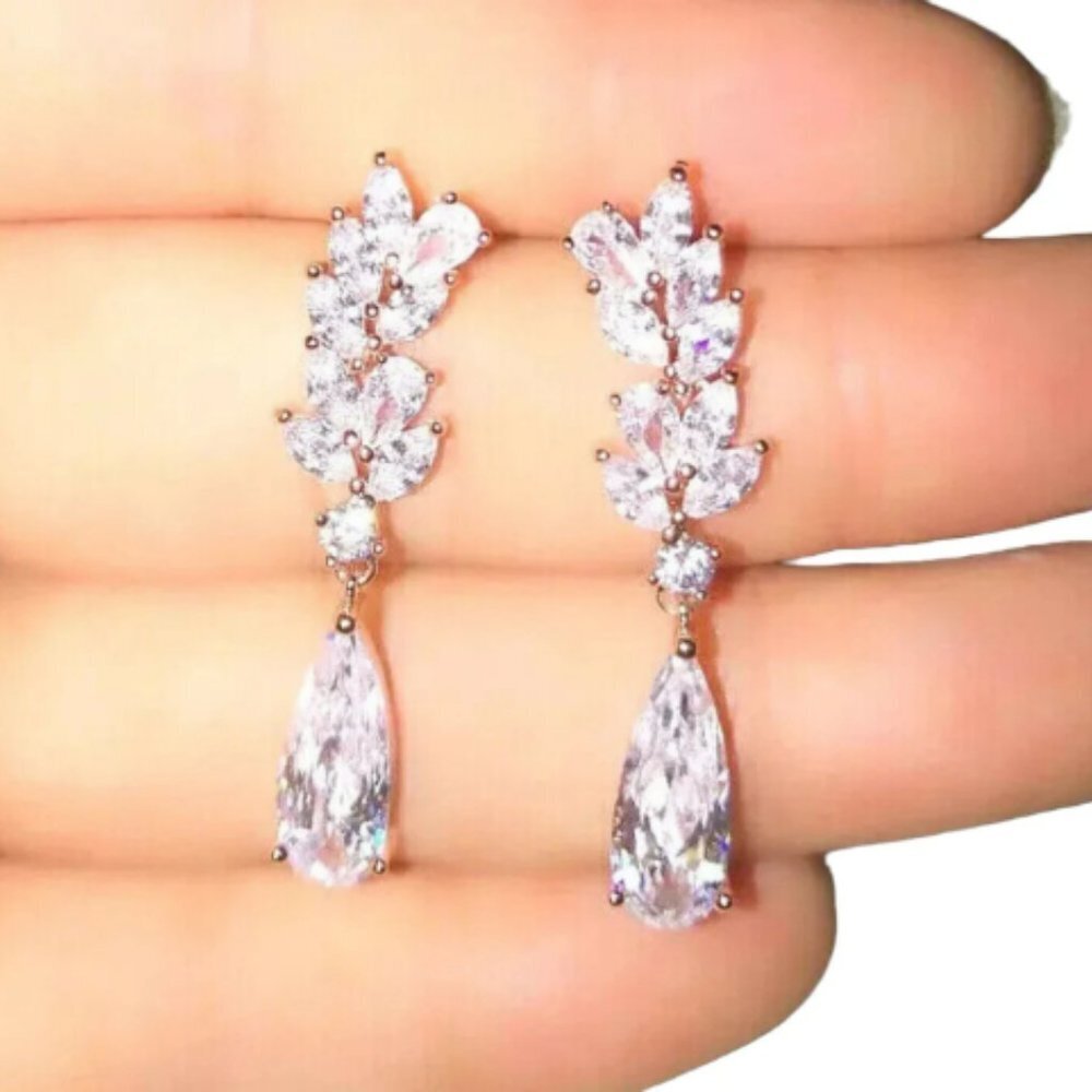 Silver Crystal Bridal Earrings Drop Cubic Zirconia Statement Wedding Earrings